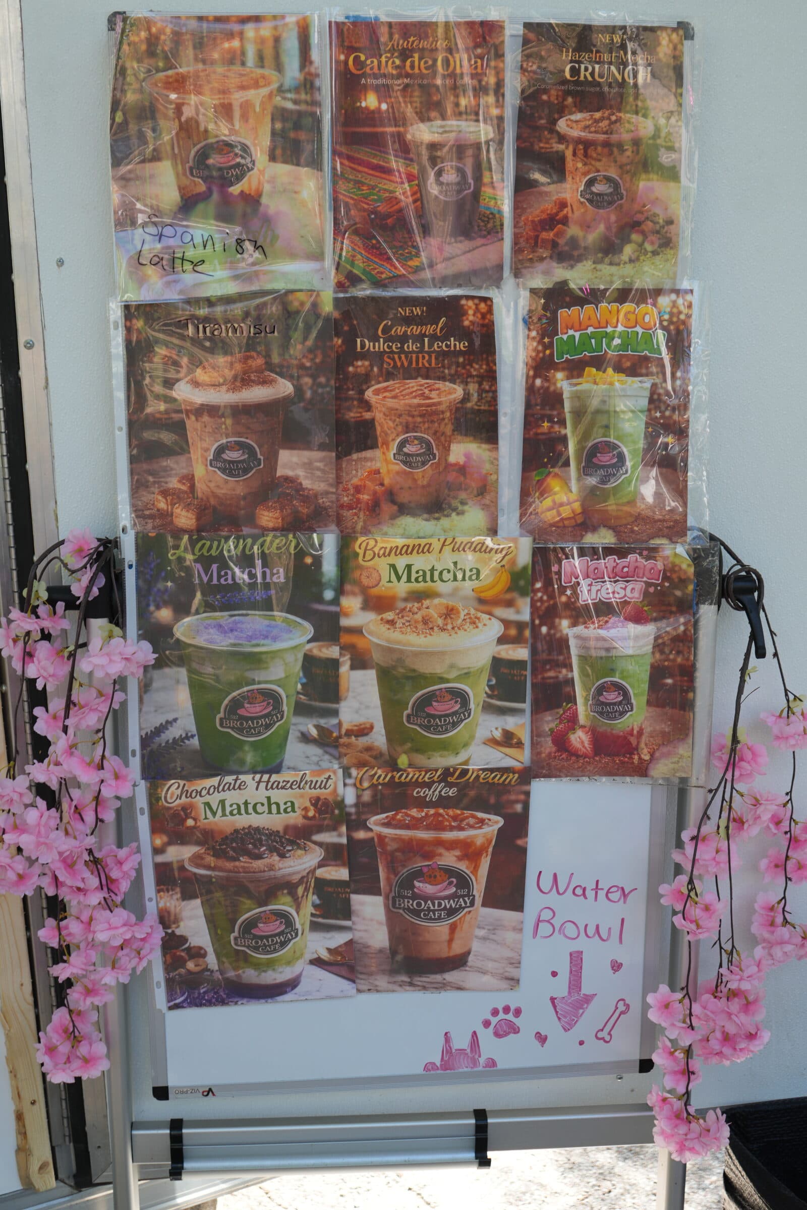 Wall of drink posters: matcha, mocha, manchada, and Mexican coffee specials