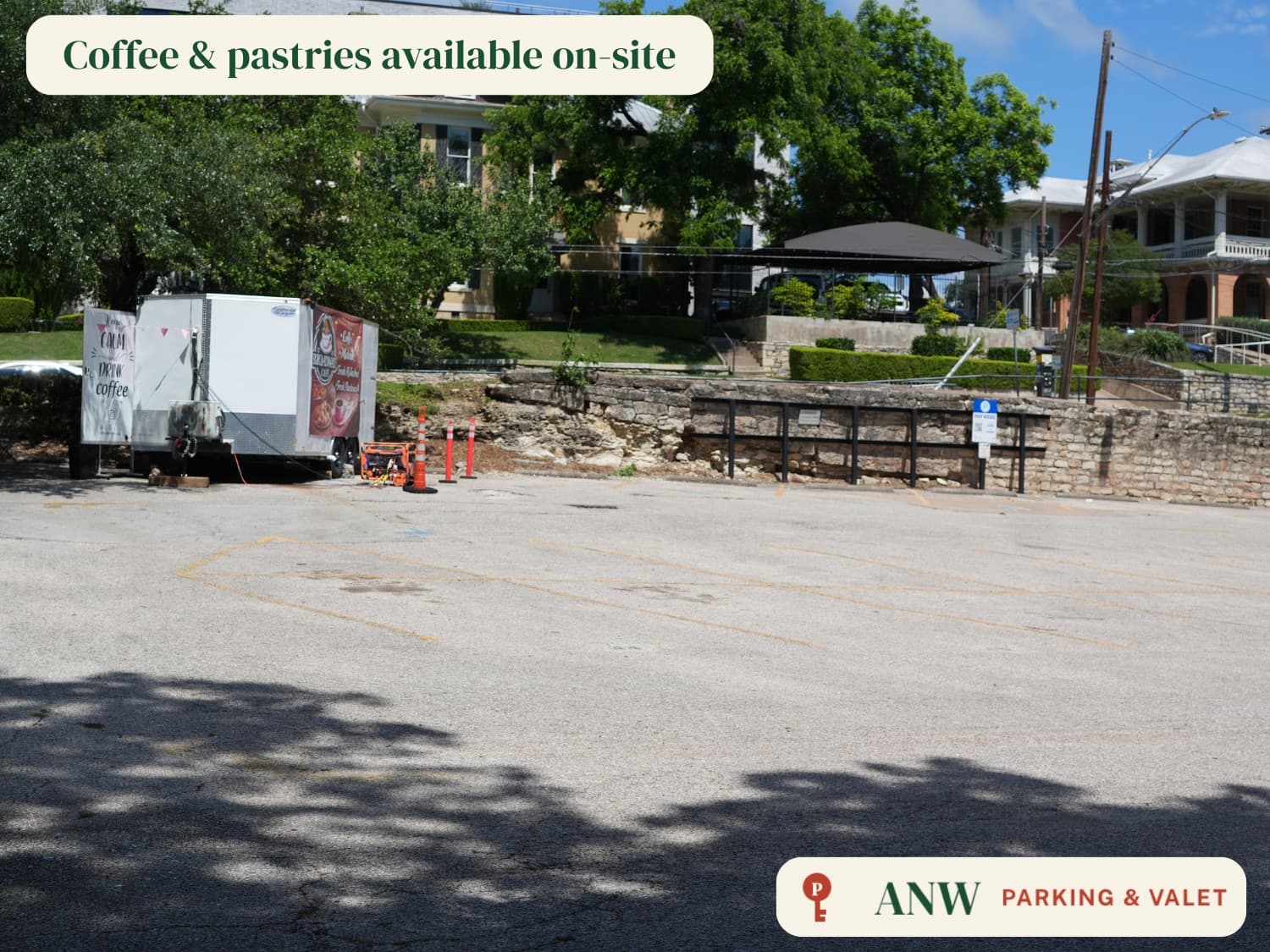 ANW parking lot, coffee and pastries available on-site