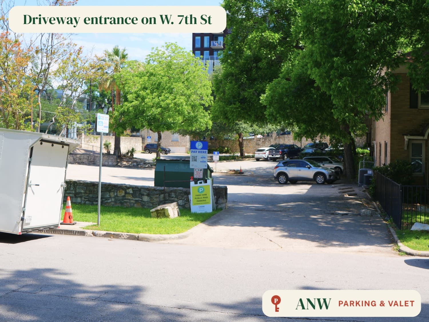 ANW parking lot, driveway entrance on West 7th Street