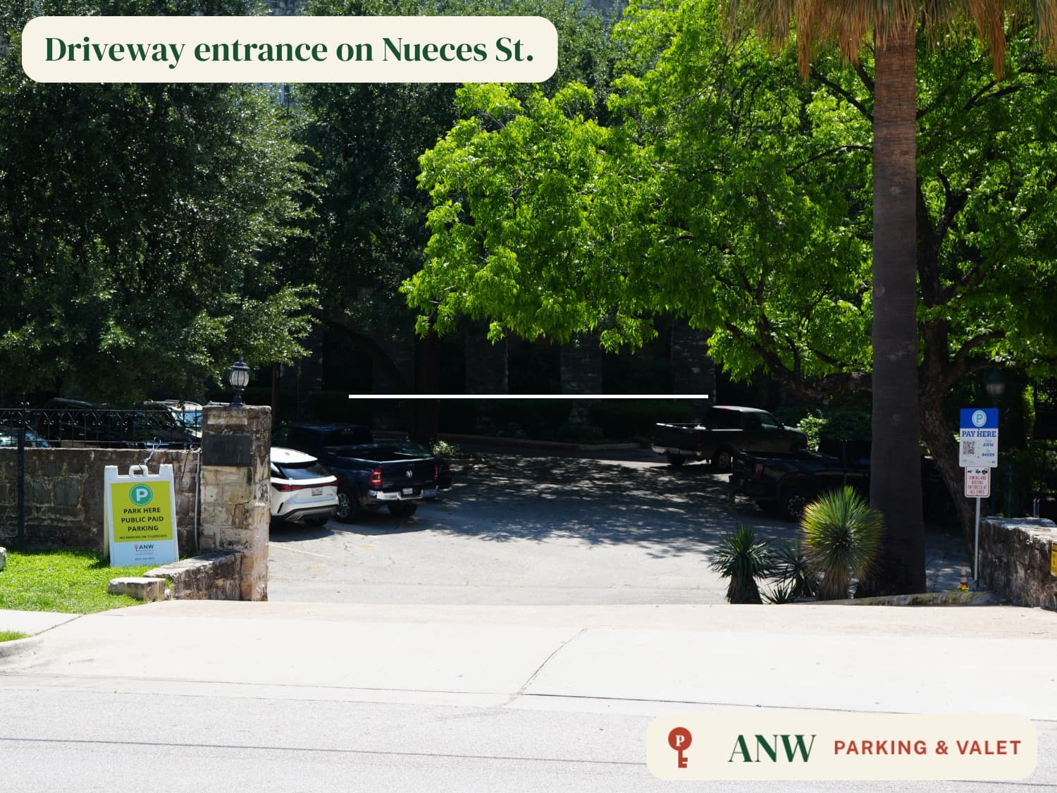 ANW parking lot, driveway entrance on Nueces Street in downtown Austin