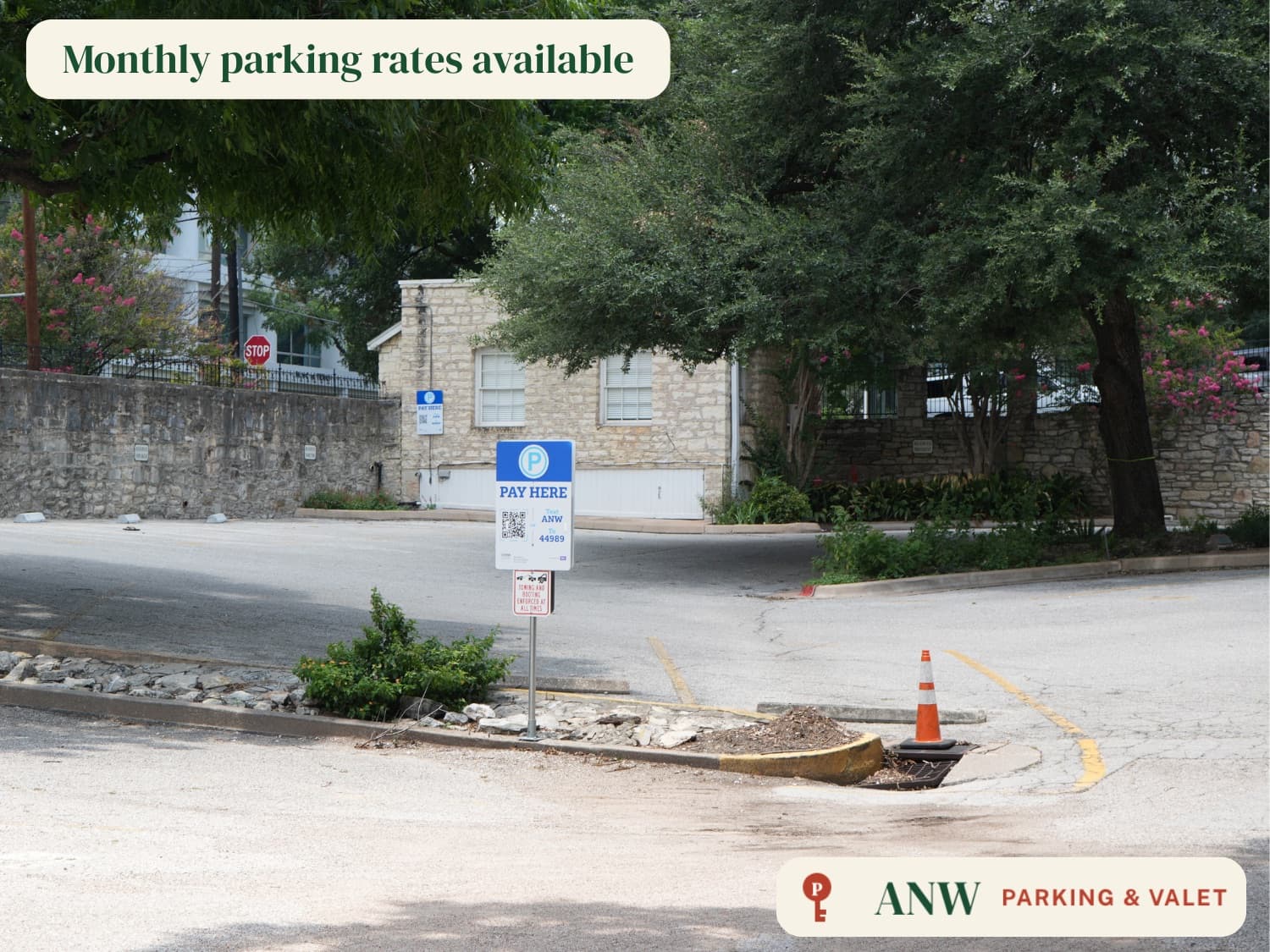 ANW parking lot, monthly parking rates available at 715 Nueces