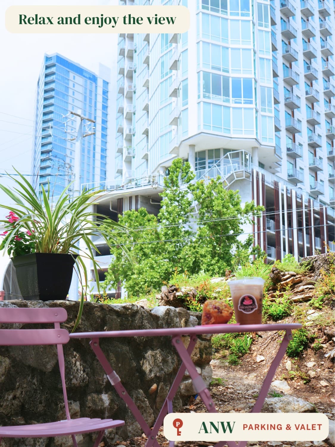 ANW parking lot, outdoor seating with a view of the downtown Austin skyline