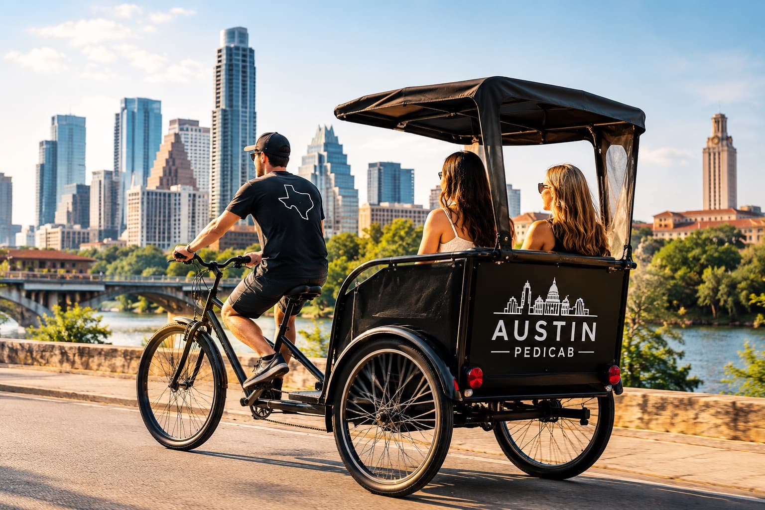 A pedicab driver carrying two riders along a bridge near downtown Austin, with the skyline behind them.